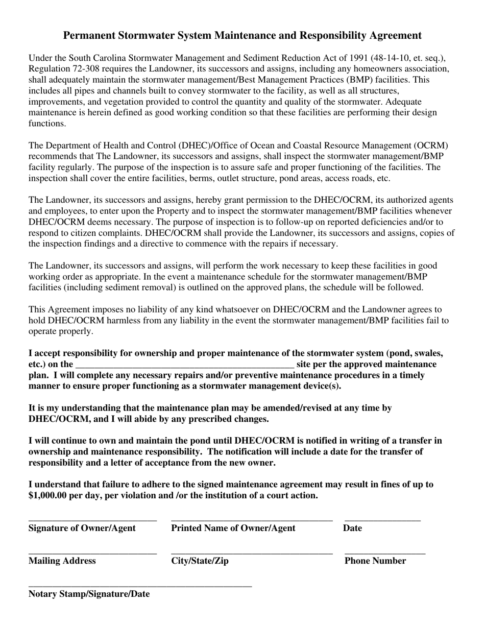 Permanent Stormwater System Maintenance and Responsibility Agreement - South Carolina, Page 1