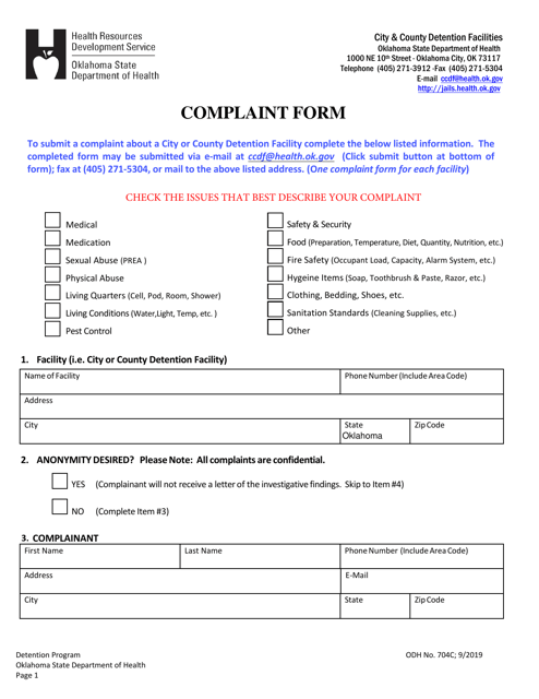 ODH Form 704C  Printable Pdf