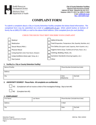 ODH Form 704C Detention Facility Complaint Form - Oklahoma