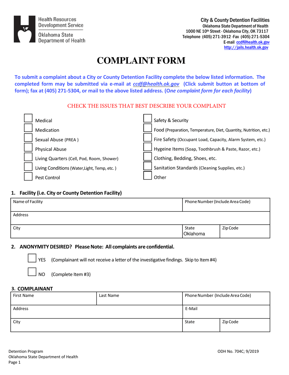 ODH Form 704C Detention Facility Complaint Form - Oklahoma, Page 1