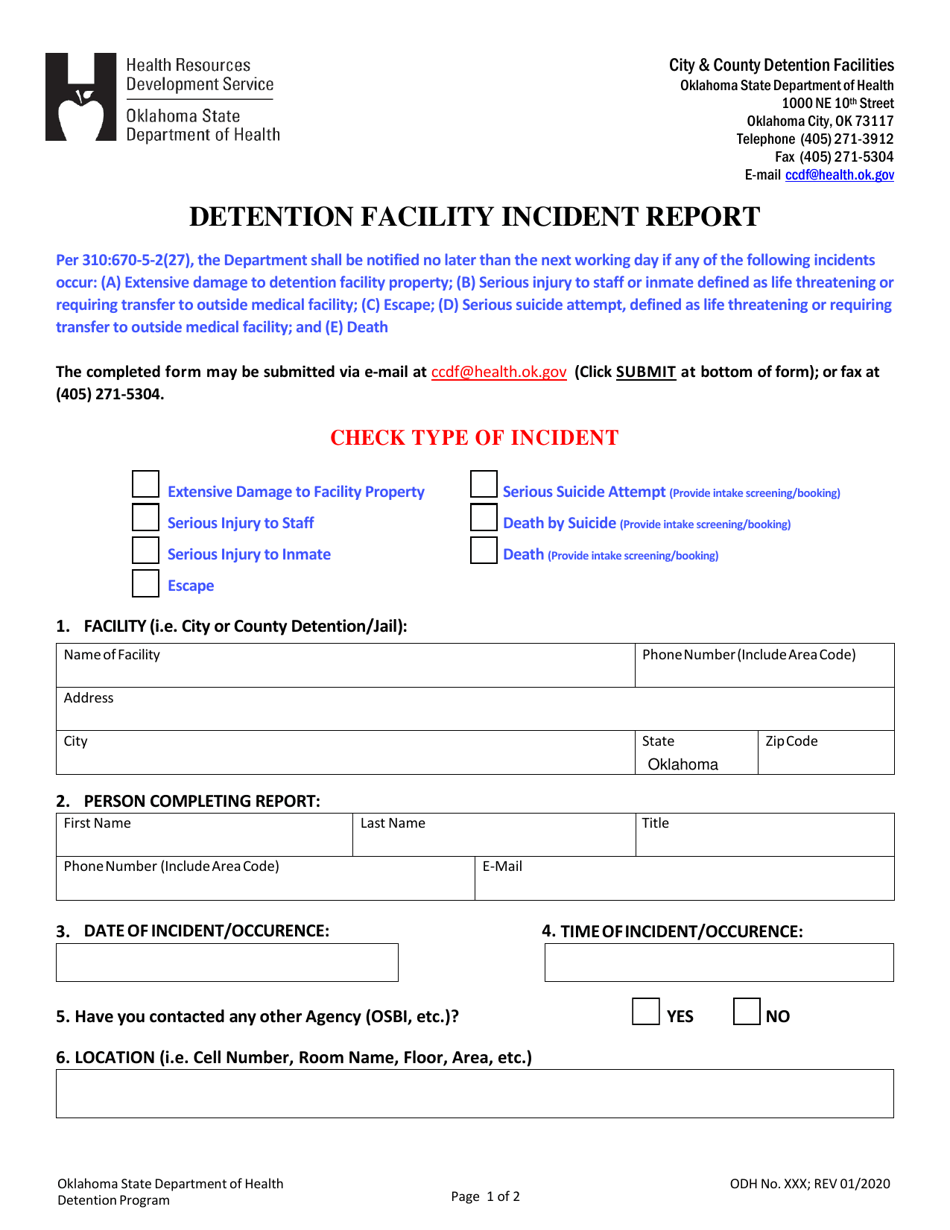 Detention Facility Incident Report - Oklahoma, Page 1