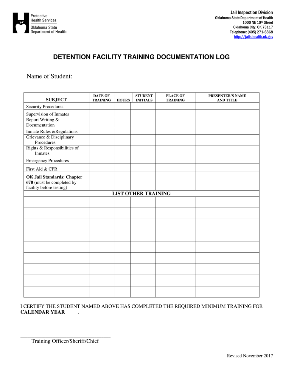 Detention Facility Training Documentation Log - Oklahoma, Page 1