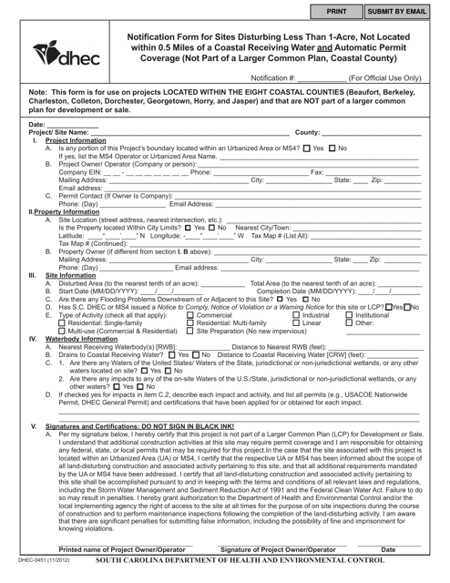 DHEC Form 0451  Printable Pdf