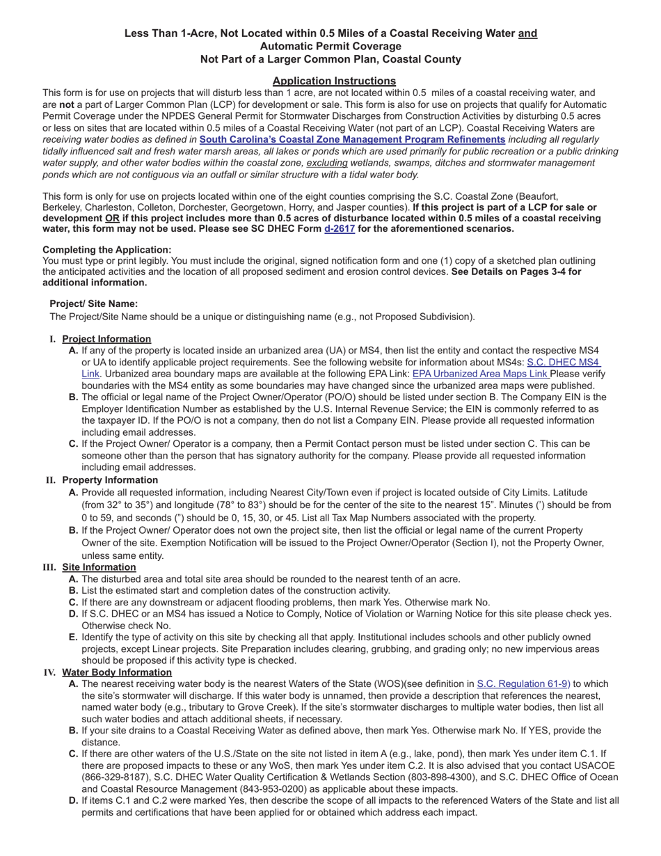 DHEC Form 0451 Notification Form for Sites Disturbing Less Than 1-acre, Not Located Within 0.5 Miles of a Coastal Receiving Water and Automatic Permit Coverage (Not Part of a Larger Common Plan, Coastal County) - South Carolina, Page 2
