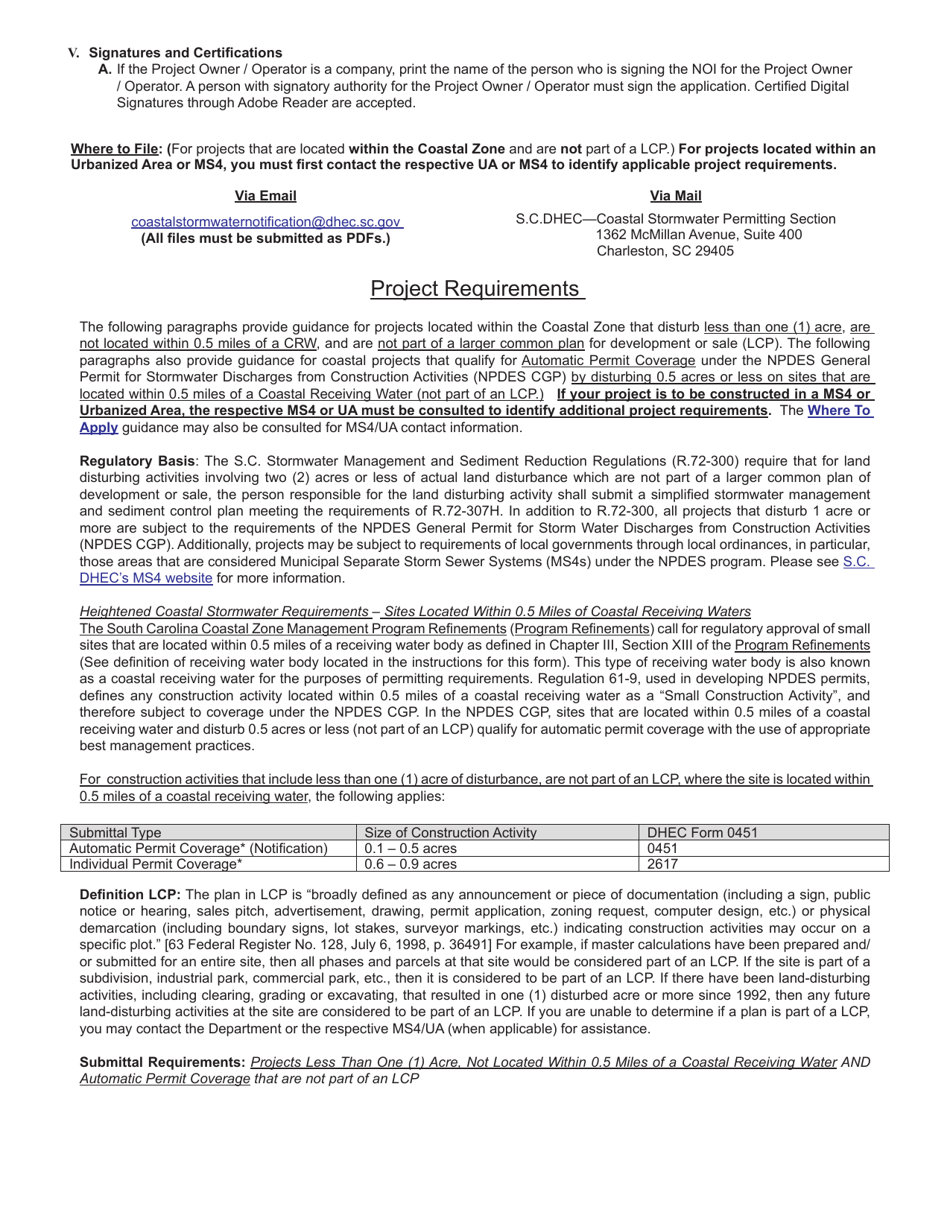 DHEC Form 0451 Notification Form for Sites Disturbing Less Than 1-acre, Not Located Within 0.5 Miles of a Coastal Receiving Water and Automatic Permit Coverage (Not Part of a Larger Common Plan, Coastal County) - South Carolina, Page 3
