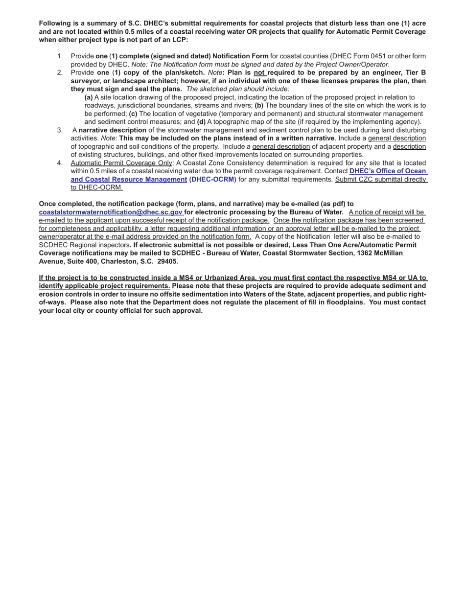 DHEC Form 0451 Notification Form for Sites Disturbing Less Than 1-acre, Not Located Within 0.5 Miles of a Coastal Receiving Water and Automatic Permit Coverage (Not Part of a Larger Common Plan, Coastal County) - South Carolina, Page 4