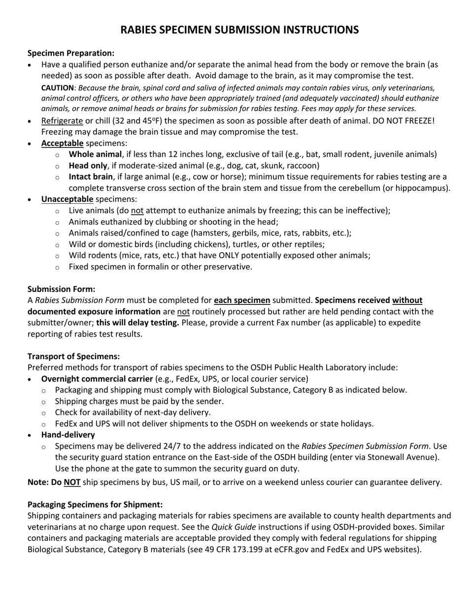 ODH Form 460 Rabies Specimen Submission Form - Oklahoma, Page 2
