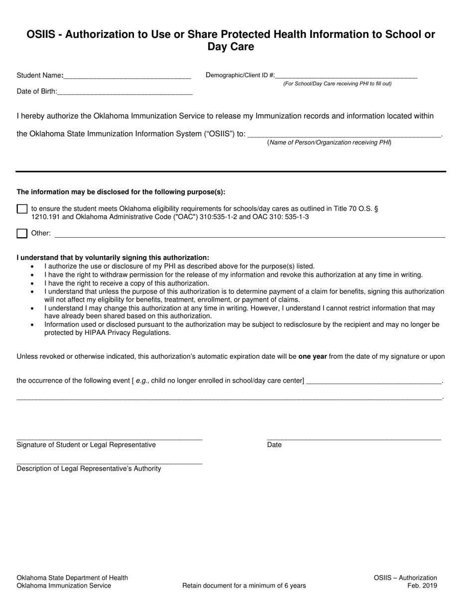 Osiis - Authorization to Use or Share Protected Health Information to School or Day Care - Oklahoma, Page 1