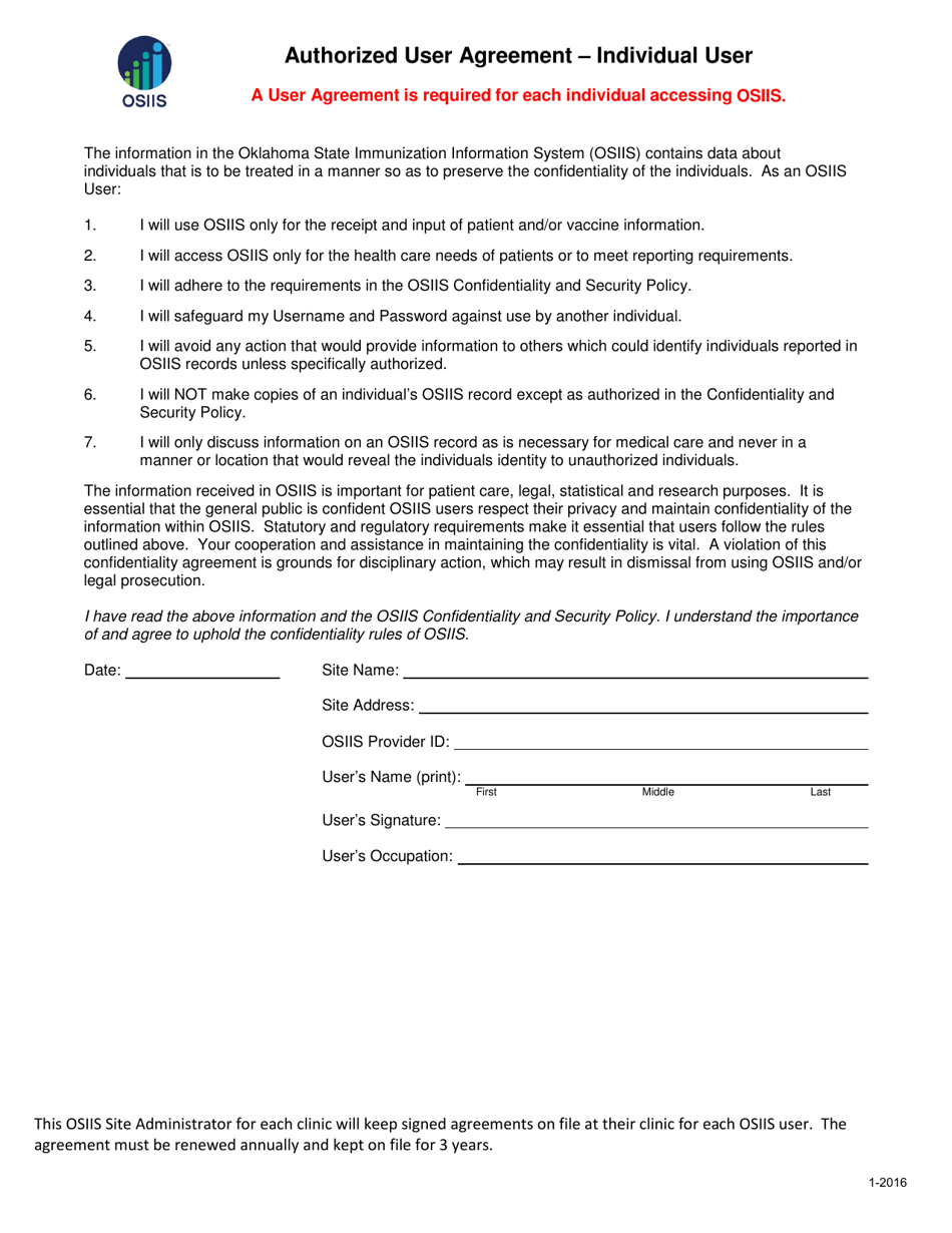 Osiis Authorized User Agreement - Individual User - Oklahoma, Page 1