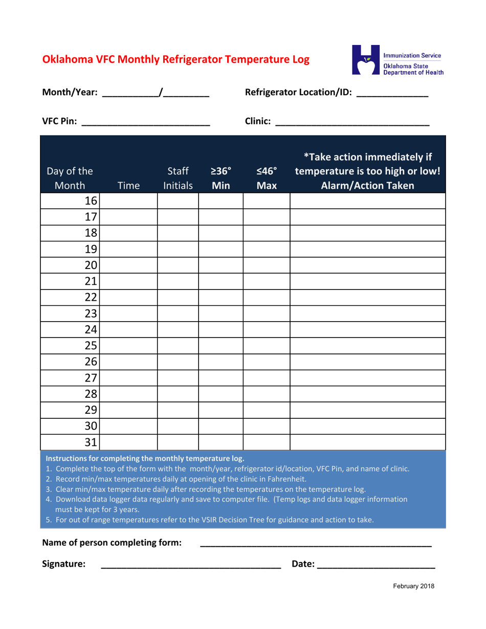 Oklahoma Oklahoma Vfc Monthly Refrigerator Temperature Log - Fill Out ...