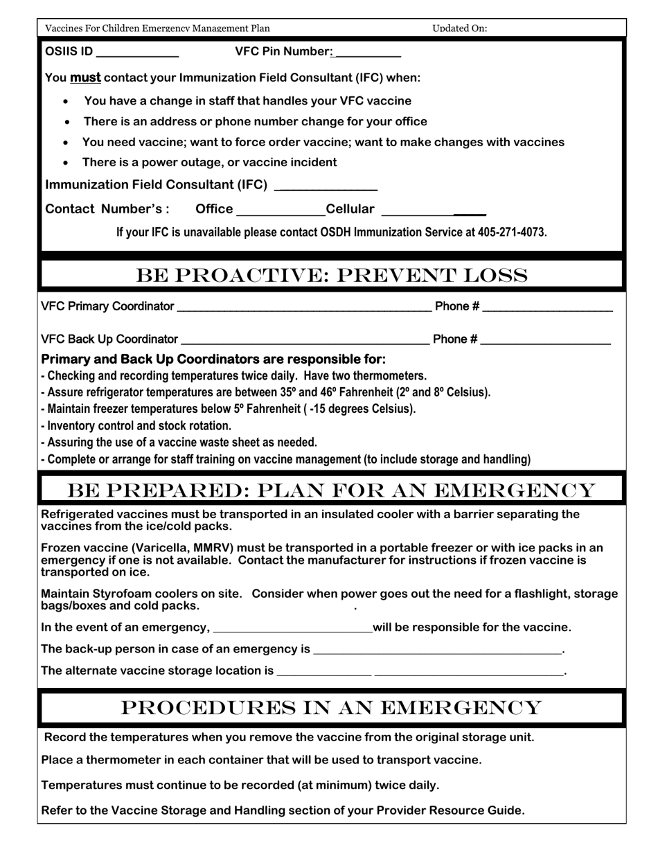 Oklahoma Vaccines for Children Emergency Management Plan - Fill Out ...