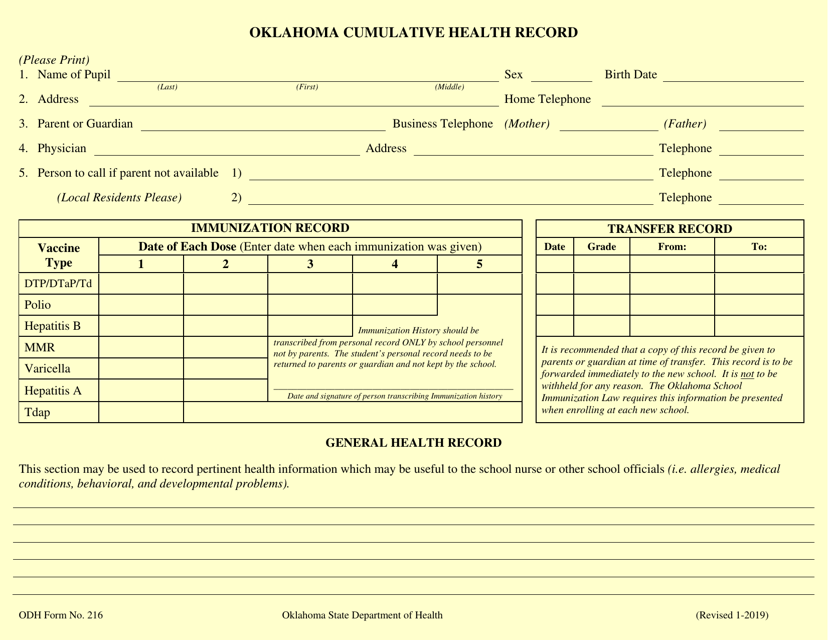ODH Form 216 Oklahoma Cumulative Health Record - Oklahoma