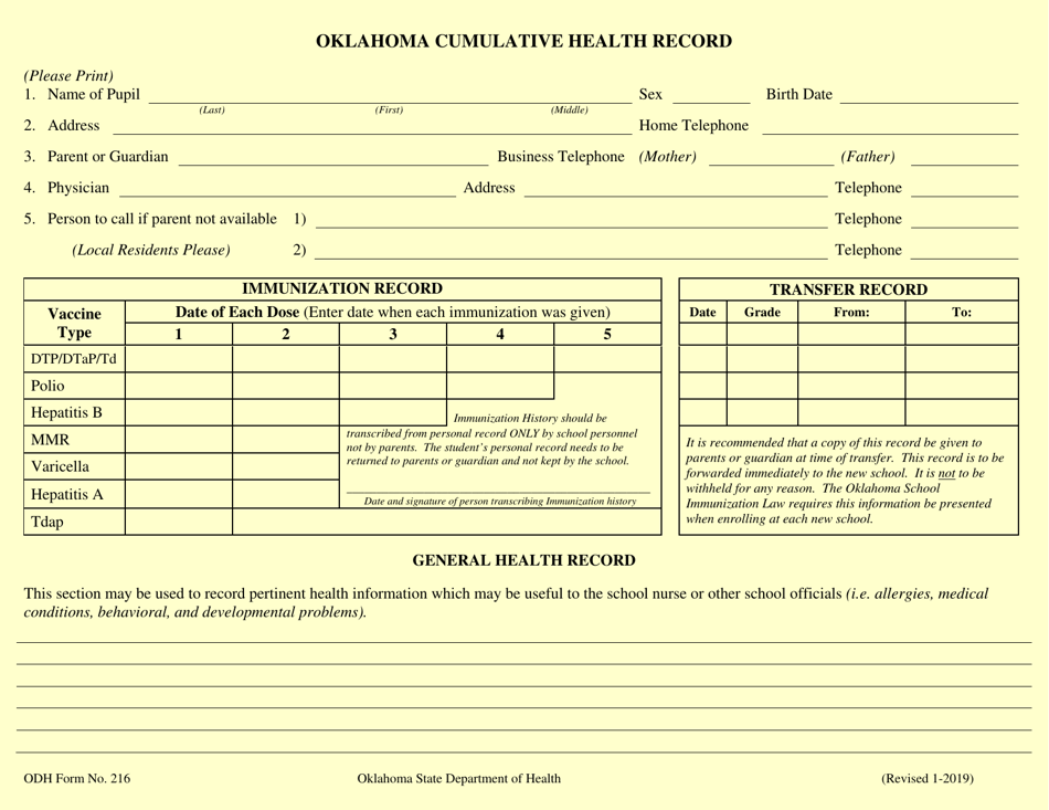 ODH Form 216 Oklahoma Cumulative Health Record - Oklahoma, Page 1