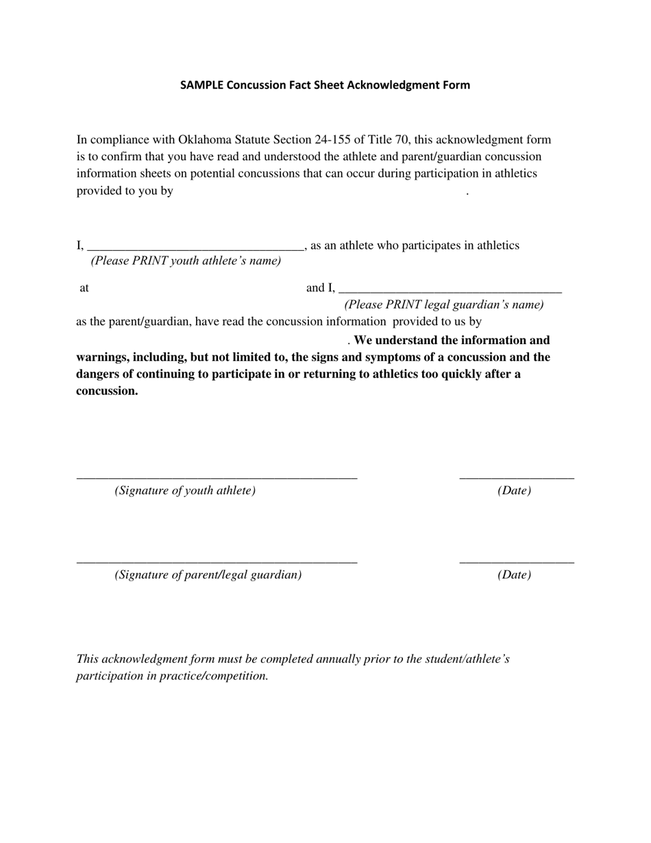 Sample Concussion Fact Sheet Acknowledgment Form - Oklahoma, Page 1