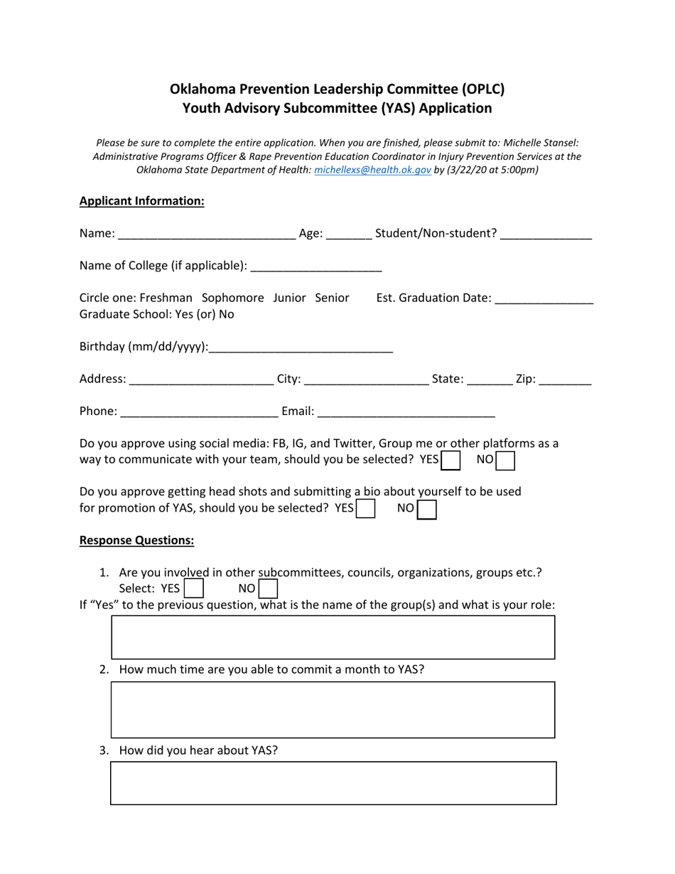 Oklahoma Prevention Leadership Committee (Oplc) Youth Advisory Subcommittee (Yas) Application - Oklahoma, Page 1
