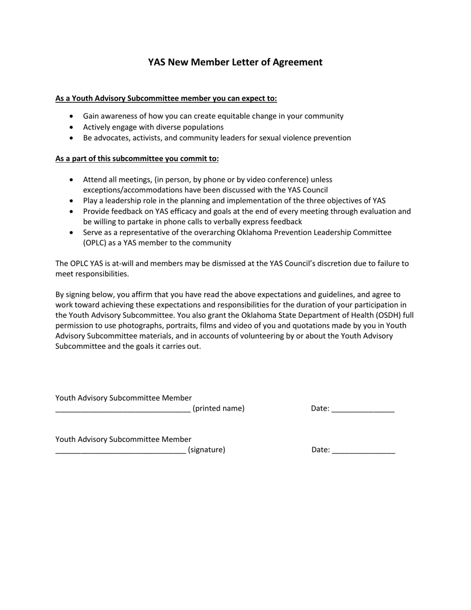 Yas New Member Letter of Agreement - Oklahoma, Page 1
