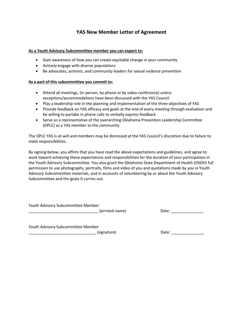 Yas New Member Letter of Agreement - Oklahoma Download Pdf