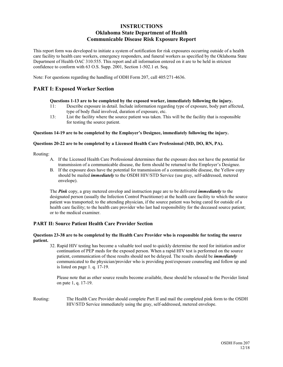 ODH Form 207 Communicable Disease Risk Exposure Report - Oklahoma, Page 1