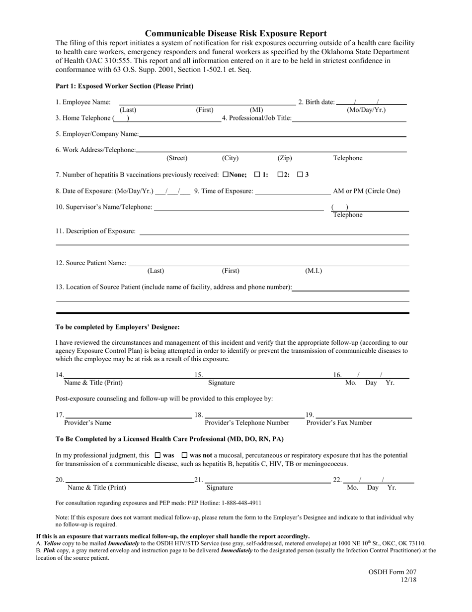 ODH Form 207 Communicable Disease Risk Exposure Report - Oklahoma, Page 2