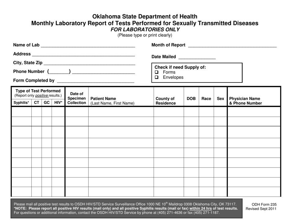 ODH Form 235 Monthly Laboratory Report of Tests Performed for Sexually Transmitted Diseases - Oklahoma, Page 1