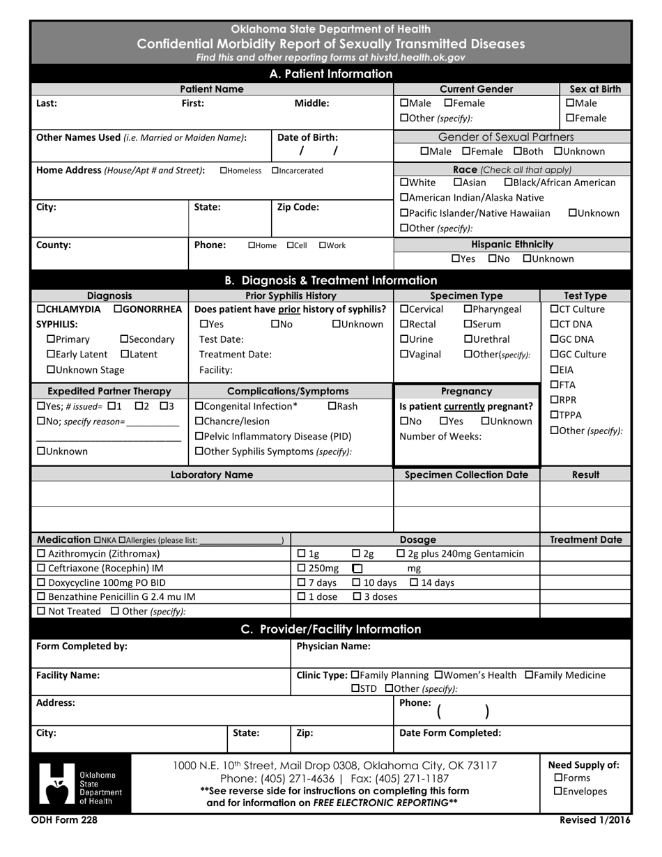 ODH Form 228 Confidential Morbidity Report of Sexually Transmitted Diseases - Oklahoma, Page 1