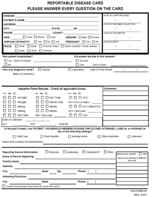 ODH Form 295 Hepatitis Reporting Form - Oklahoma