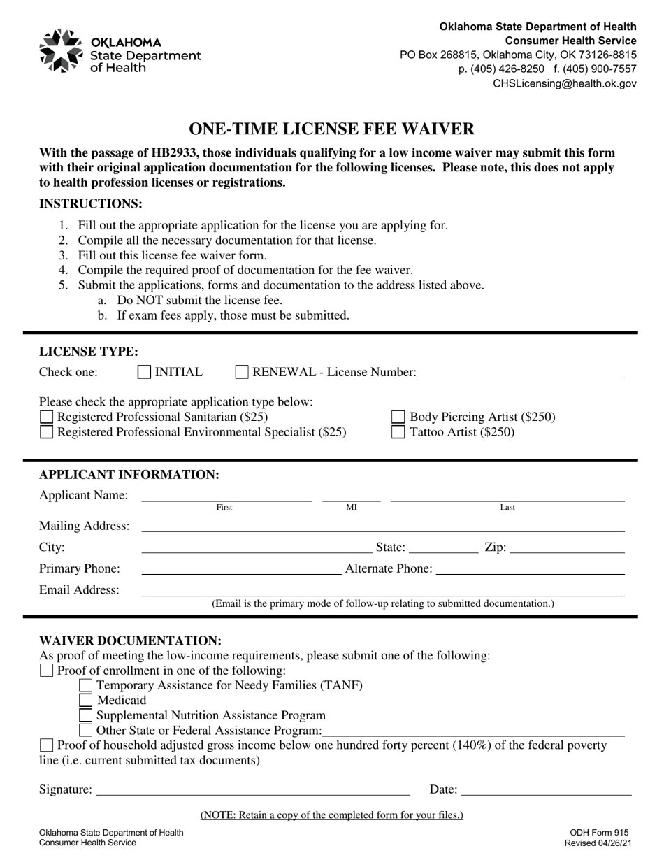 ODH Form 915 One-Time License Fee Waiver - Oklahoma, Page 1