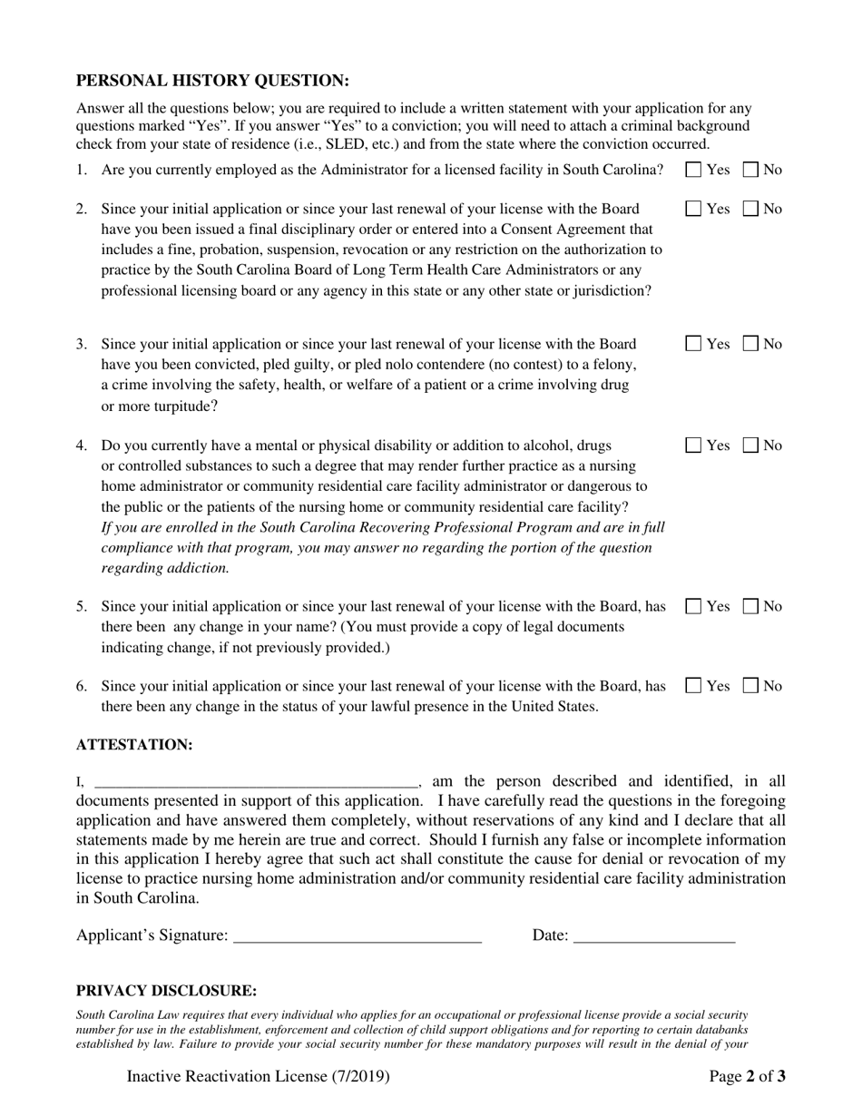 Reactivation of Inactive Administrators Application - South Carolina, Page 2