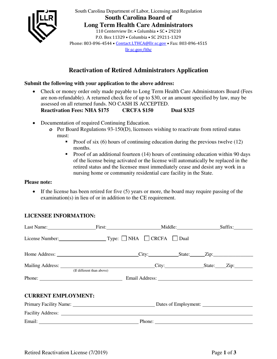 Reactivation of Retired Administrators Application - South Carolina, Page 1
