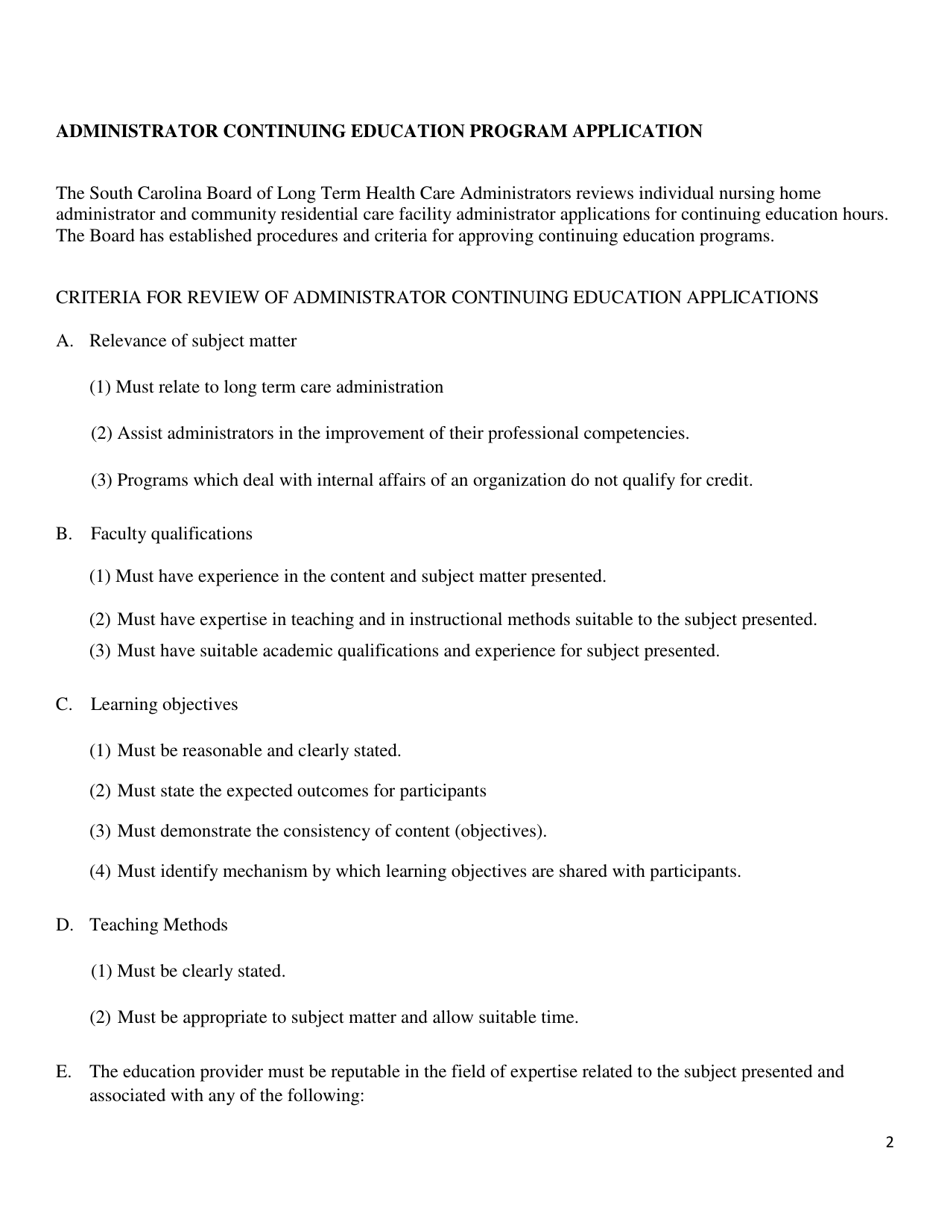 Administrator Continuing Education Program Application - South Carolina, Page 2