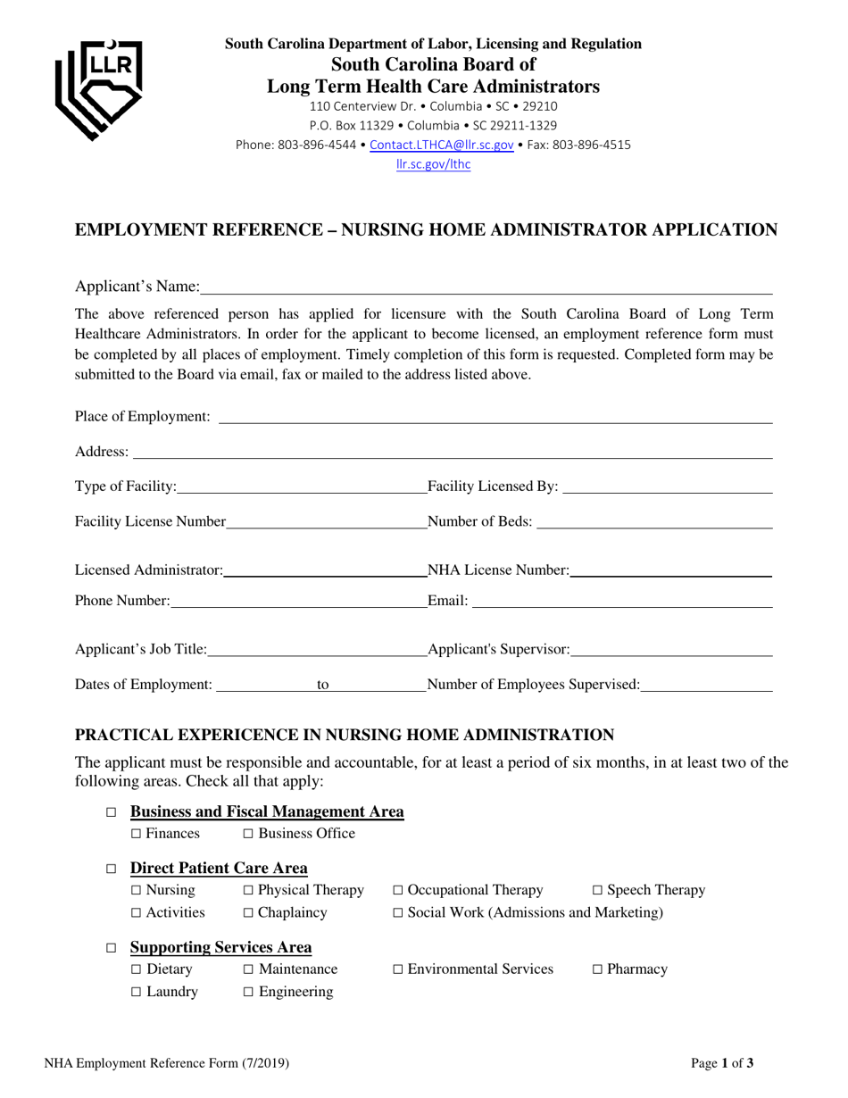 Employment Reference - Nursing Home Administrator Application - South Carolina, Page 2