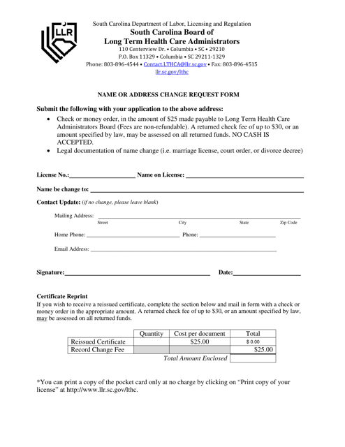 &quot;Name or Address Change Request Form&quot; - South Carolina Download Pdf