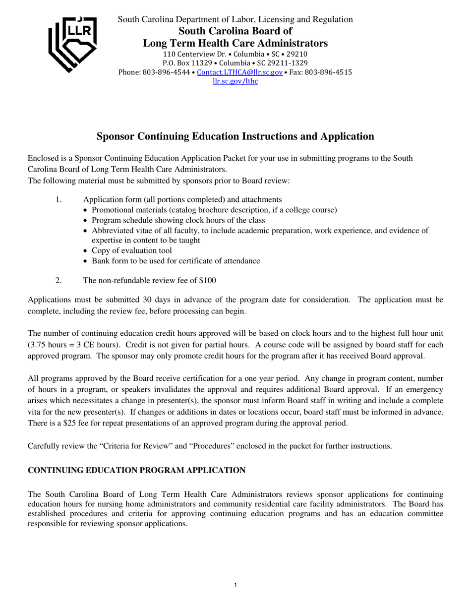 Sponsor Application for Continuing Education Program Approval - South Carolina, Page 1