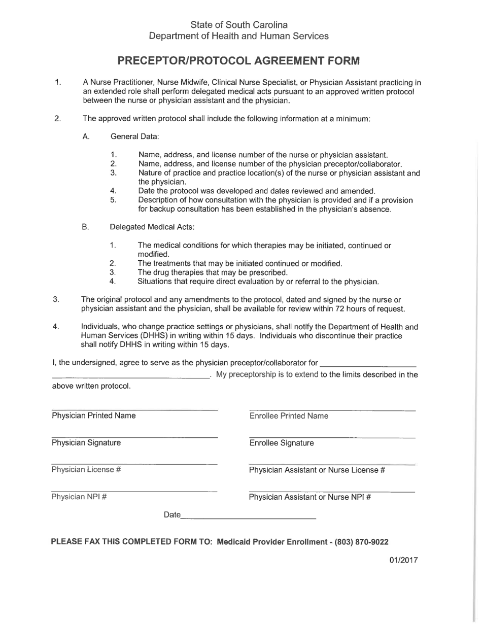 Preceptor / Protocol Agreement Form - South Carolina, Page 1
