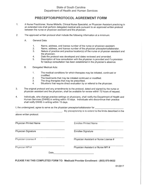 Preceptor/Protocol Agreement Form - South Carolina