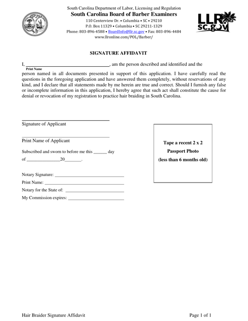 Signature Affidavit - South Carolina Download Pdf
