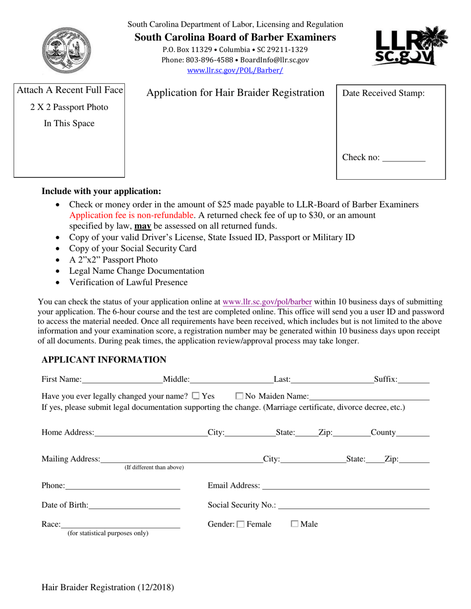 South Carolina Application for Hair Braider Registration Fill Out
