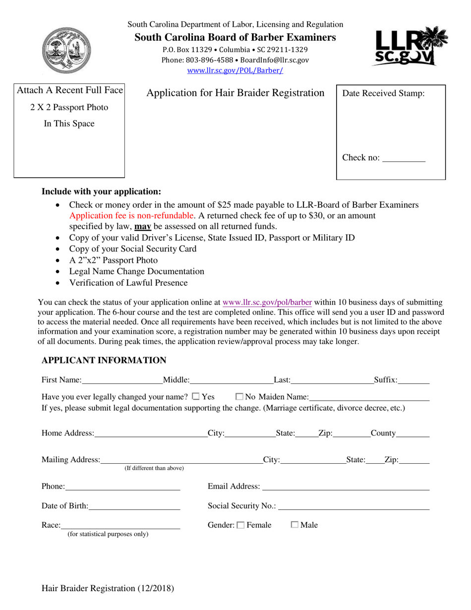 Application for Hair Braider Registration - South Carolina, Page 1