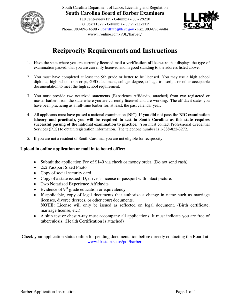 Application by Reciprocity - South Carolina, Page 1