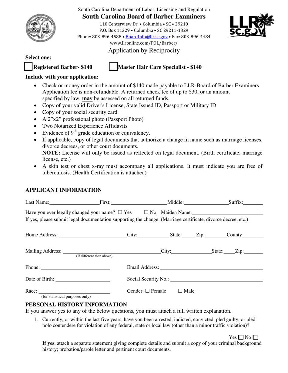 South Carolina Application by Reciprocity - Fill Out, Sign Online and ...