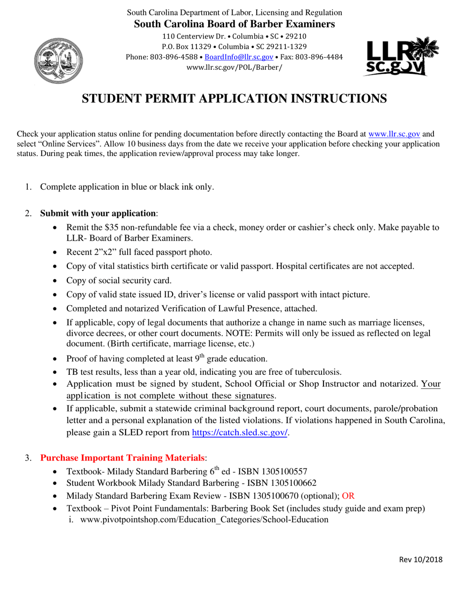 Student Permit Application - South Carolina, Page 1