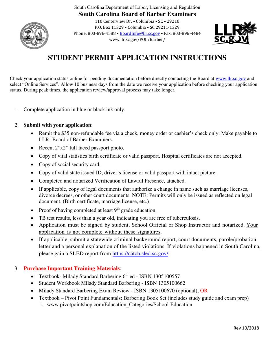 South Carolina Student Permit Application Download Printable PDF