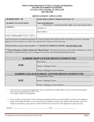 Document preview: Barber Shop and School Reinstatement Application - South Carolina