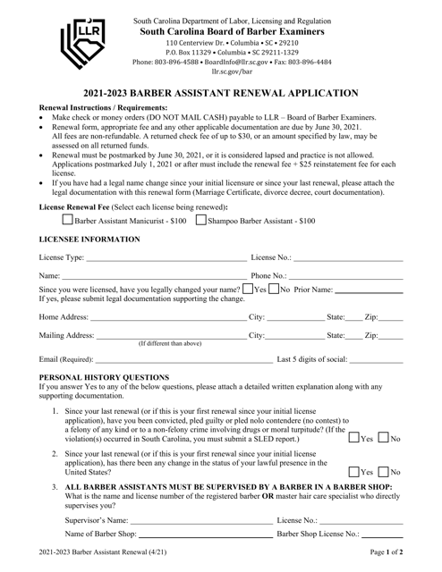 Barber Assistant Renewal Application - South Carolina, 2023