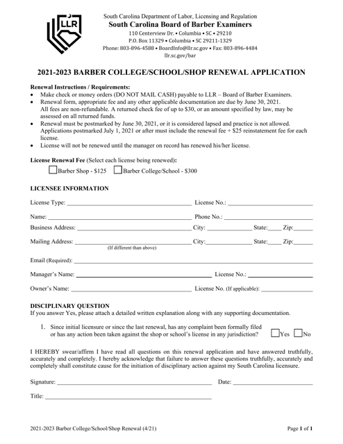 Barber College/School/Shop Renewal Application - South Carolina, 2023