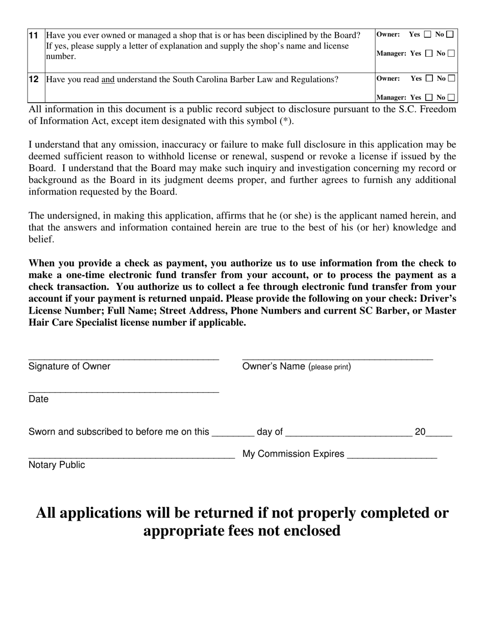 Application for Barber Shop - South Carolina, Page 3