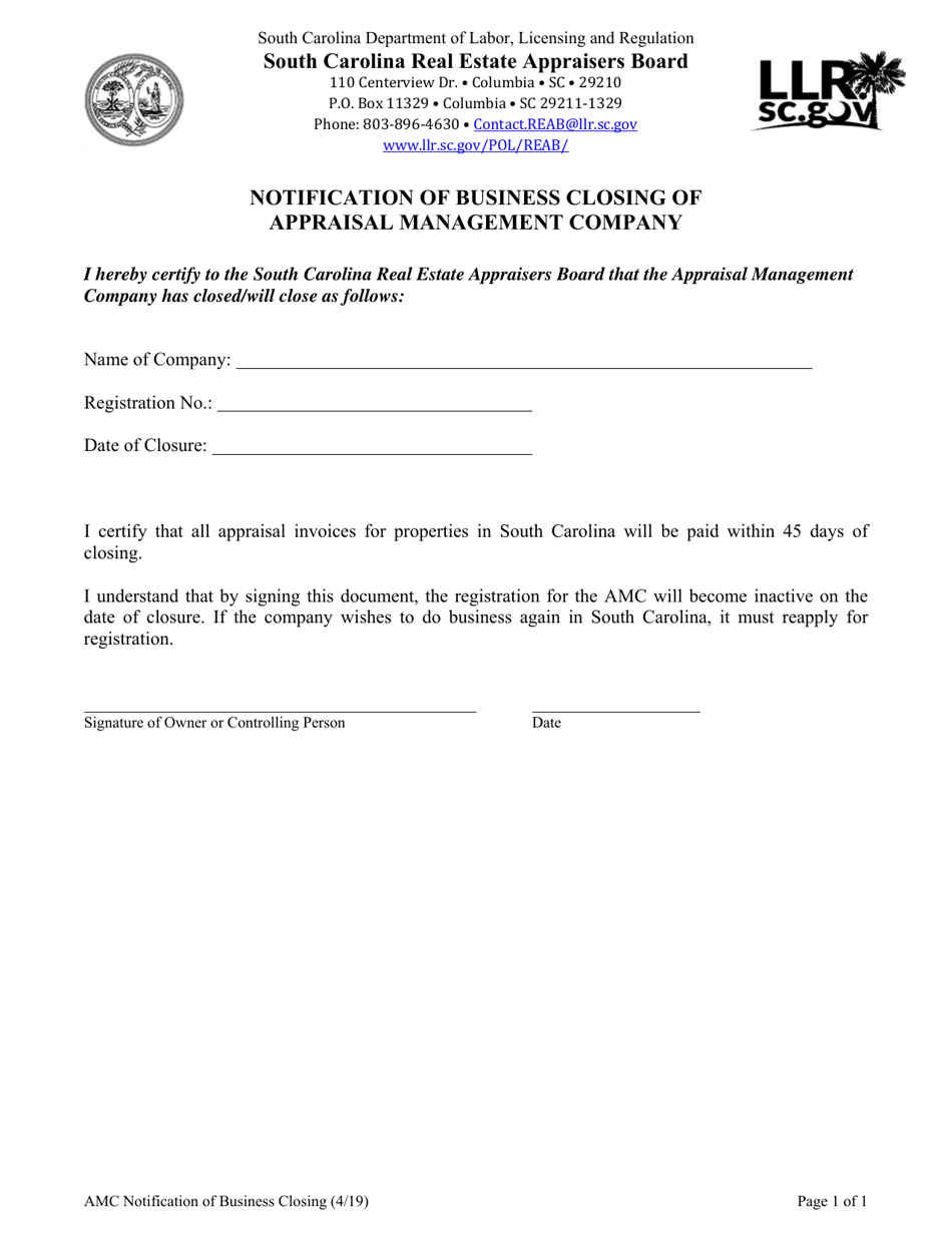 Notification of Business Closing of Appraisal Management Company - South Carolina, Page 1
