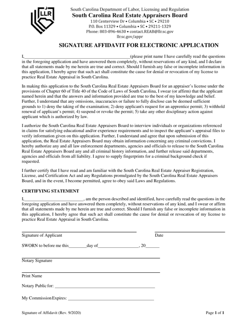 Signature Affidavit for Electronic Application - South Carolina Download Pdf