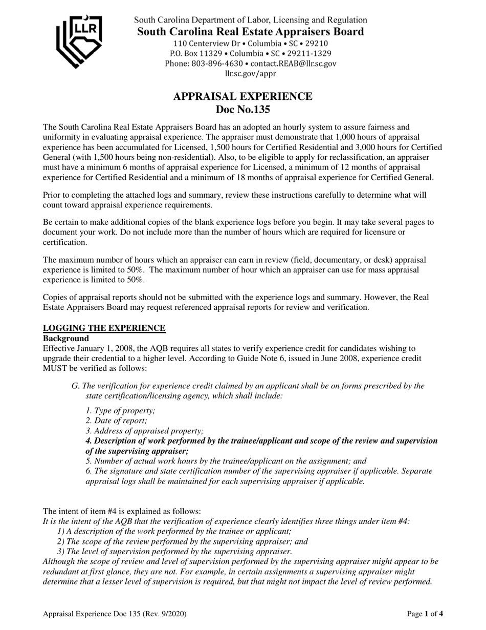 Instructions for Appraiser Experience Log - South Carolina, Page 1