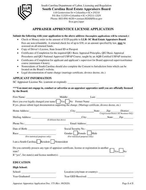 Form DOC175 Appraiser Apprentice License Application - South Carolina